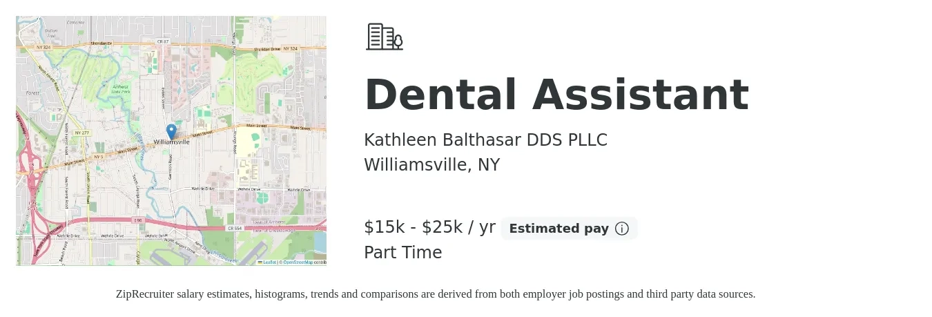 Kathleen Balthasar DDS PLLC job posting for a Dental Assistant in Williamsville, NY with a salary of $15,000 to $25,000 Yearly with a map of Williamsville location.