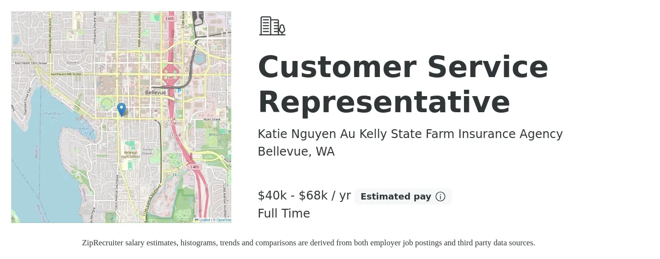 Katie Nguyen Au Kelly State Farm Insurance Agency job posting for a Customer Service Representative in Bellevue, WA with a salary of $40,000 to $65,000 Yearly with a map of Bellevue location.