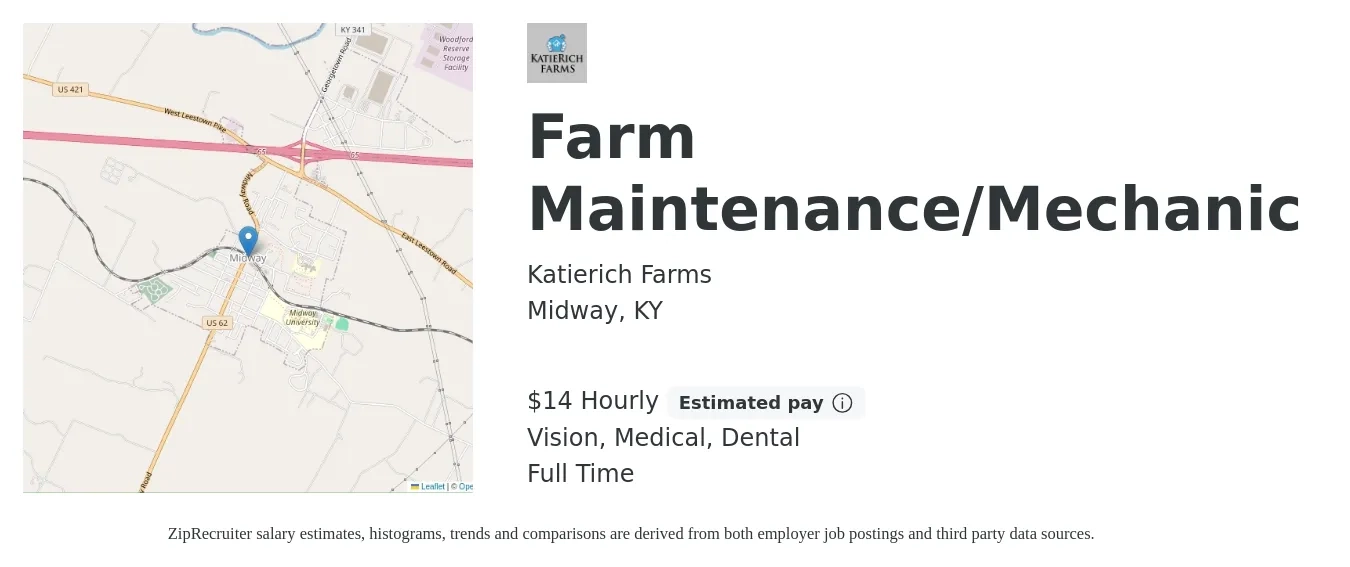 Katierich Farms job posting for a Farm Maintenance/Mechanic in Midway, KY with a salary of $15 Hourly and benefits including medical, vision, dental, and life_insurance with a map of Midway location.