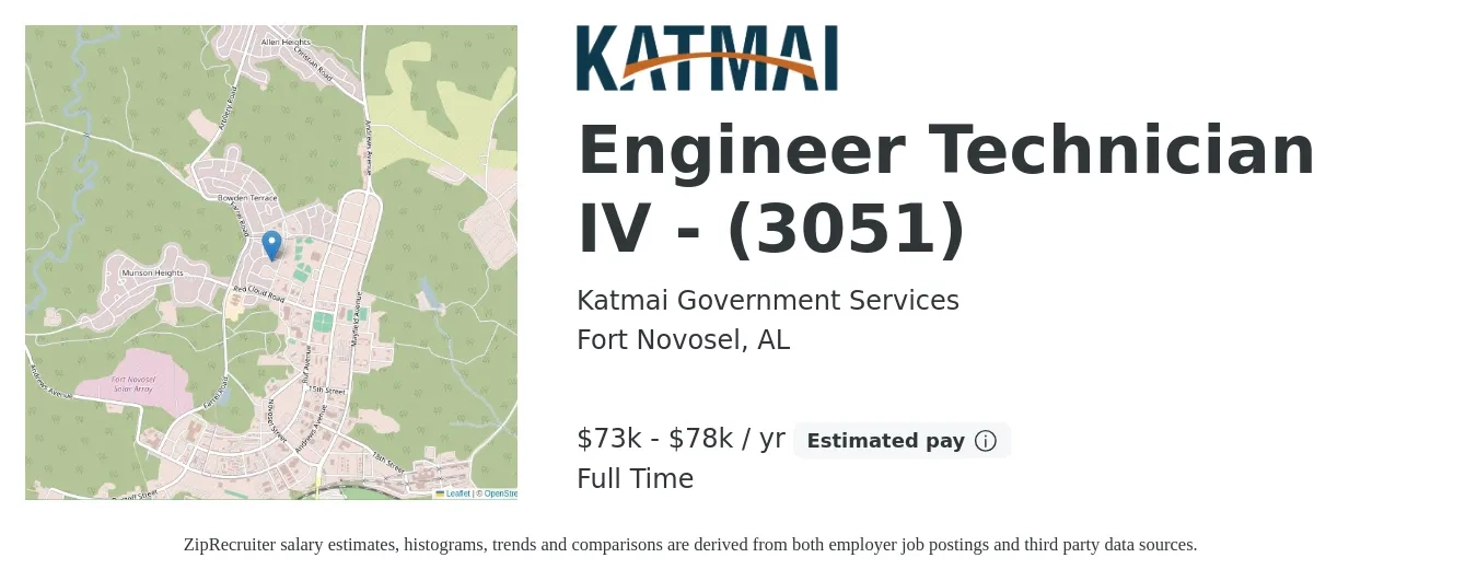 Katmai Government Services job posting for a Engineer Technician IV - (3051) in Fort Novosel, AL with a salary of $73,000 to $78,000 Yearly with a map of Fort Novosel location.