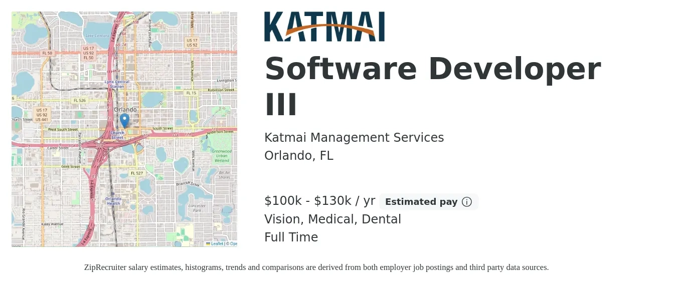Katmai Management Services job posting for a Software Developer III in Orlando, FL with a salary of $100,000 to $130,000 Yearly and benefits including dental, life_insurance, medical, retirement, and vision with a map of Orlando location.