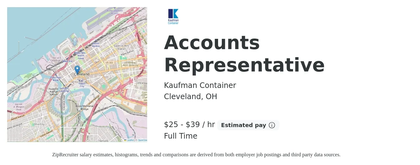 Kaufman Container job posting for a Accounts Representative in Cleveland, OH with a salary of $55,000 to $85,000 Yearly with a map of Cleveland location.