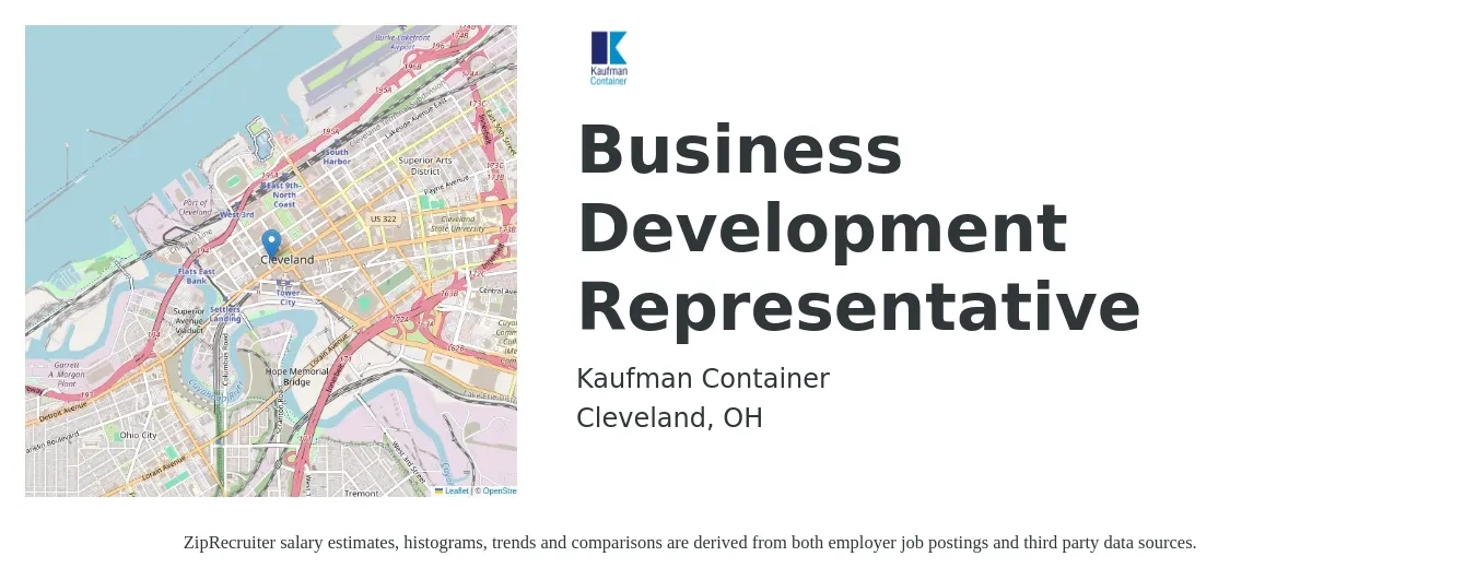 Kaufman Container job posting for a Business Development Representative in Cleveland, OH with a salary of $55,000 to $85,000 Yearly with a map of Cleveland location.