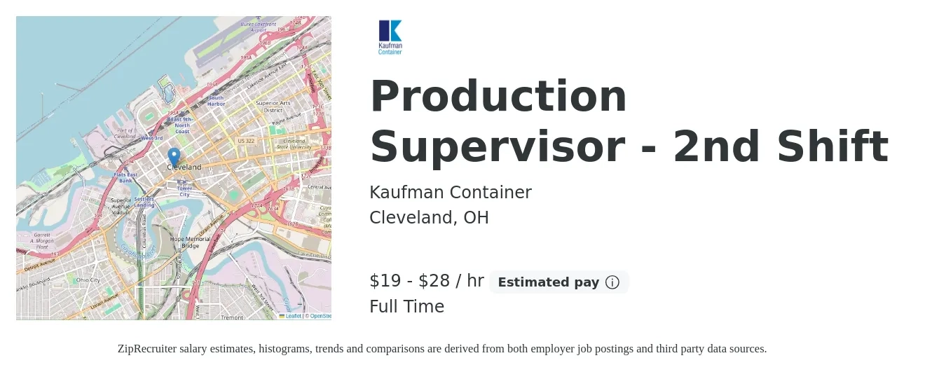 Kaufman Container job posting for a Production Supervisor - 2nd Shift in Cleveland, OH with a salary of $20 to $30 Hourly with a map of Cleveland location.