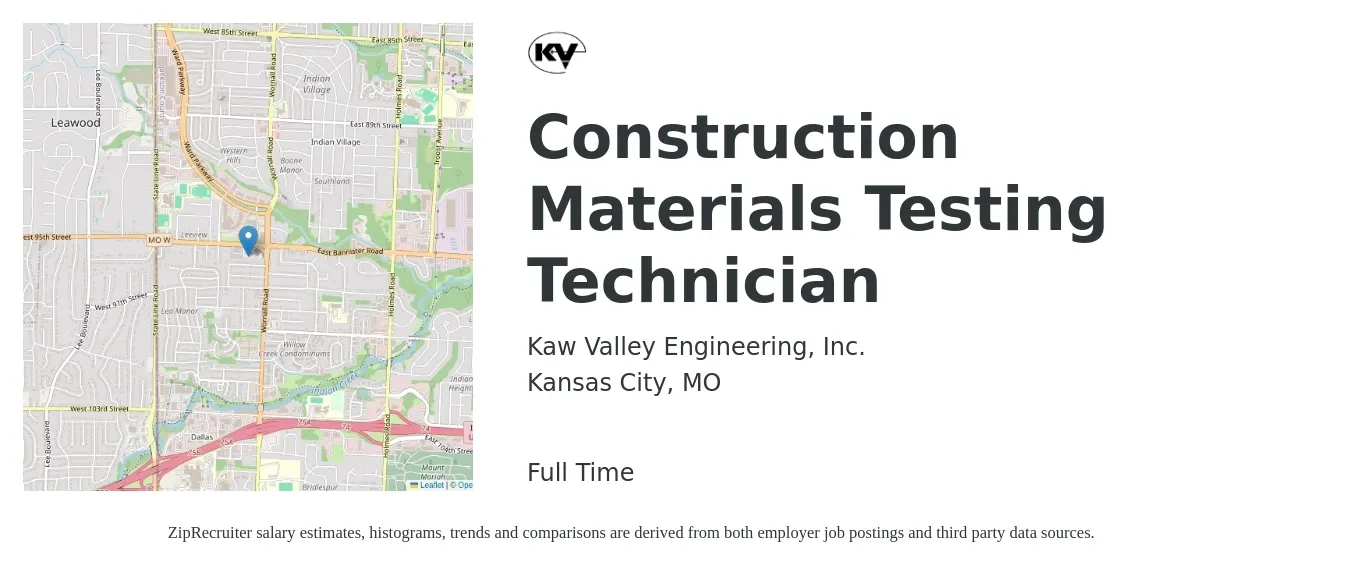 Kaw Valley Engineering, Inc. job posting for a Construction Materials Testing Technician in Kansas City, MO with a salary of $17 to $23 Hourly with a map of Kansas City location.
