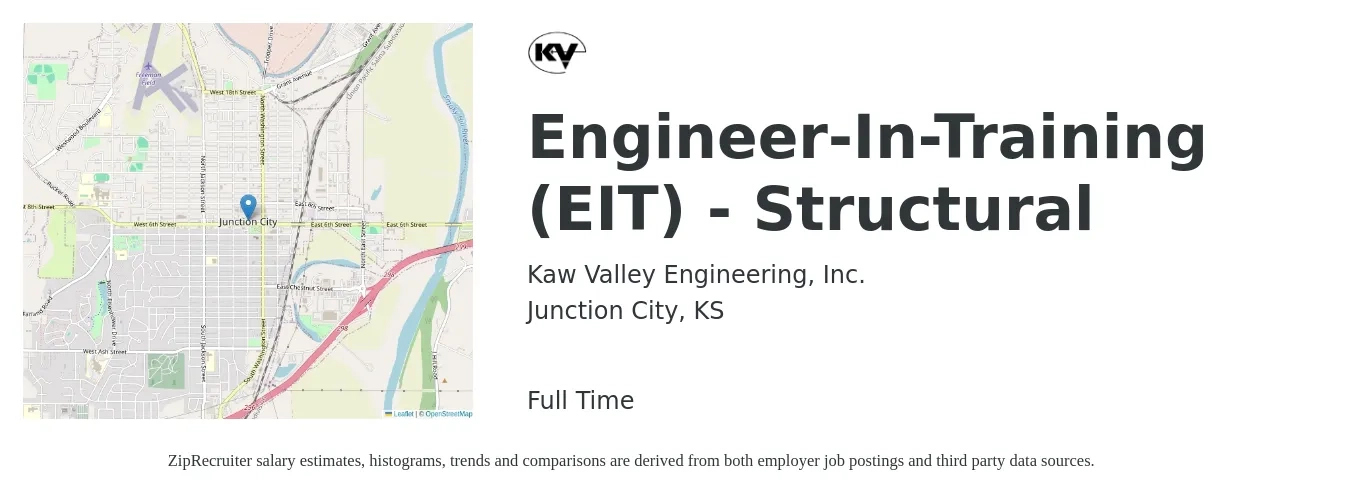 Kaw Valley Engineering, Inc. job posting for a Engineer-In-Training (EIT) - Structural in Junction City, KS with a salary of $74,400 to $105,000 Yearly with a map of Junction City location.