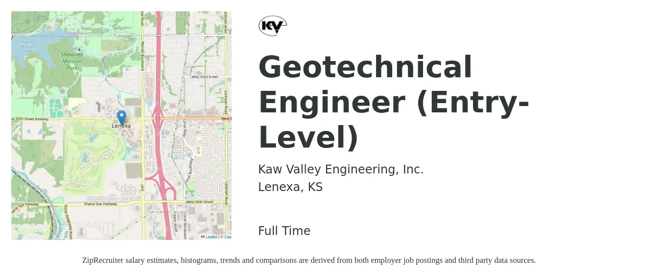 Kaw Valley Engineering job posting for a Geotechnical Engineer (Entry-Level) in Lenexa, KS with a salary of $66,600 to $102,300 Yearly with a map of Lenexa location.