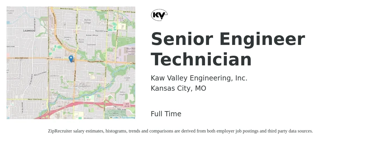 Kaw Valley Engineering, Inc. job posting for a Senior Engineer Technician in Kansas City, MO with a salary of $26 to $37 Hourly with a map of Kansas City location.