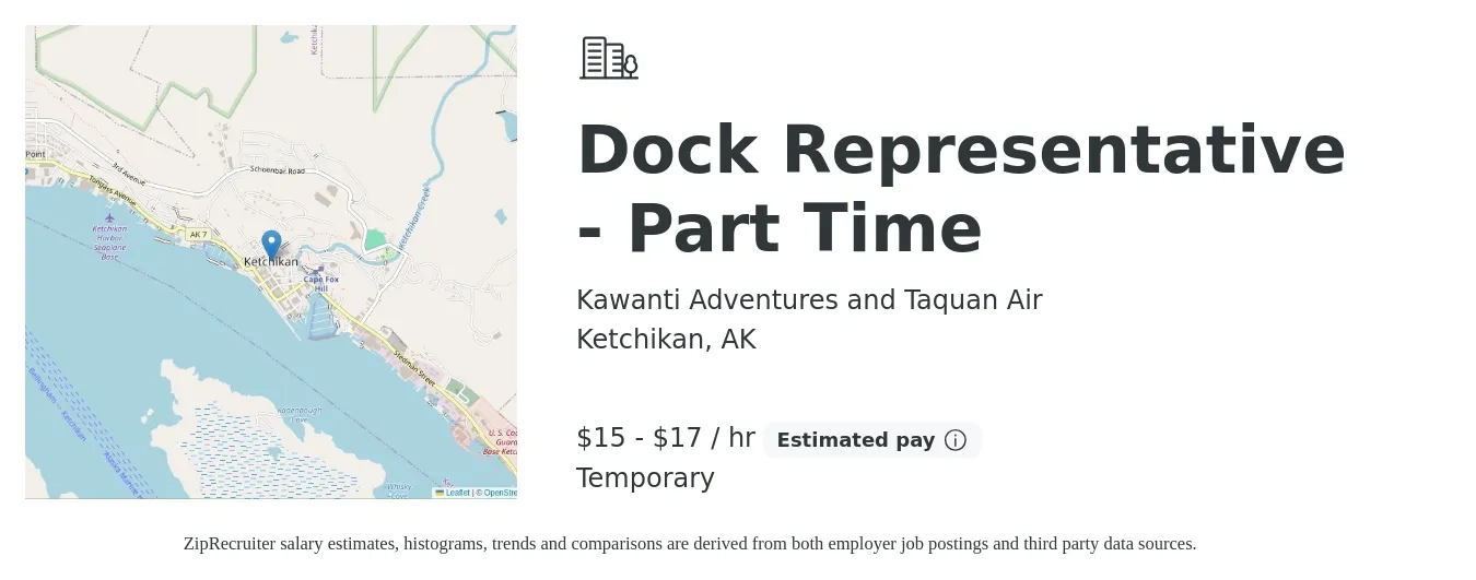 Kawanti Adventures and Taquan Air job posting for a Dock Representative - Part Time in Ketchikan, AK with a salary of $16 to $18 Hourly with a map of Ketchikan location.