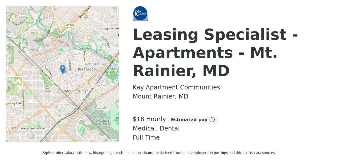 Kay Apartment Communities job posting for a Leasing Specialist - Apartments - Mt. Rainier, MD in Mount Rainier, MD with a salary of $19 Hourly and benefits including dental, life_insurance, medical, and retirement with a map of Mount Rainier location.