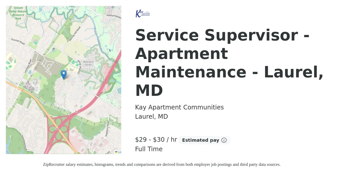 Kay Apartment Communities job posting for a Service Supervisor - Apartment Maintenance - Laurel, MD in Laurel, MD with a salary of $22 to $28 Hourly and benefits including retirement, vision, dental, life_insurance, and medical with a map of Laurel location.