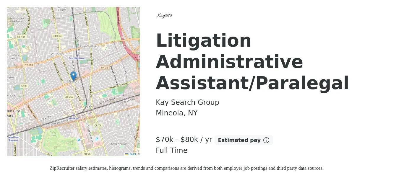 kay search group job posting for a Litigation Administrative Assistant/Paralegal in Mineola, NY with a salary of $70,000 to $80,000 Yearly with a map of Mineola location.