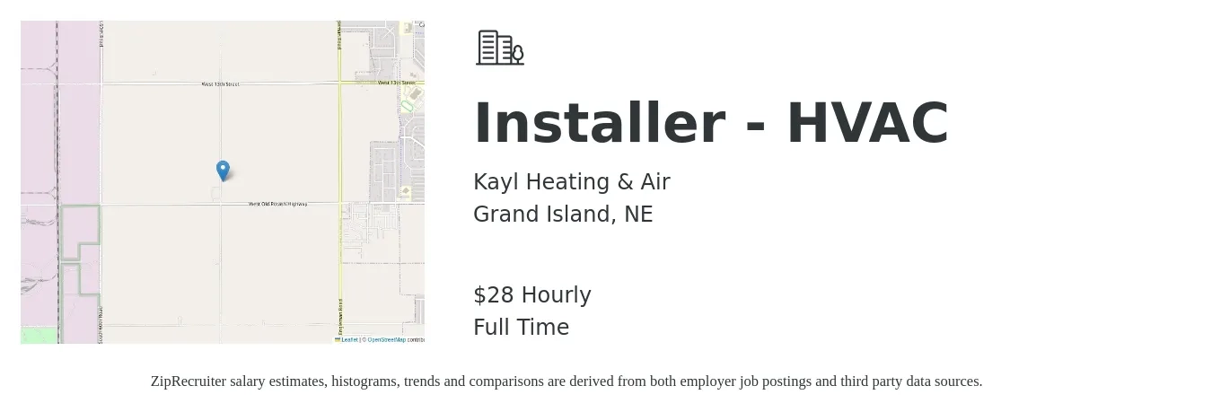 Kayl Heating & Air job posting for a Installer - HVAC in Grand Island, NE with a salary of $30 Hourly with a map of Grand Island location.