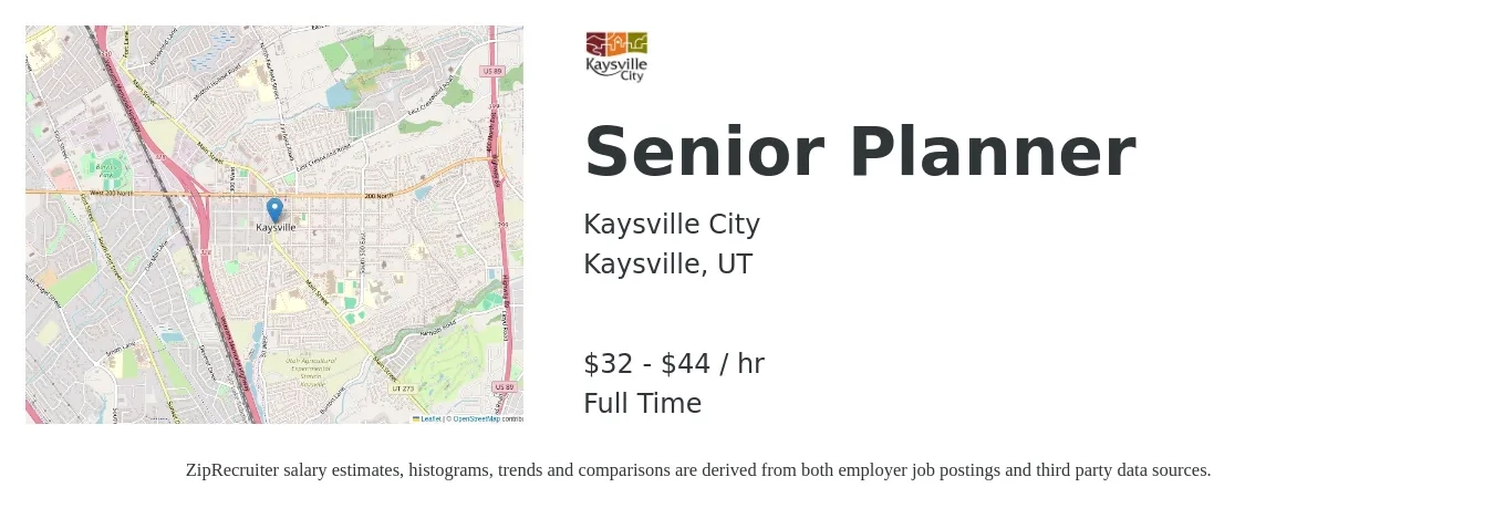 Kaysville City job posting for a Senior Planner in Kaysville, UT with a salary of $34 to $46 Hourly with a map of Kaysville location.