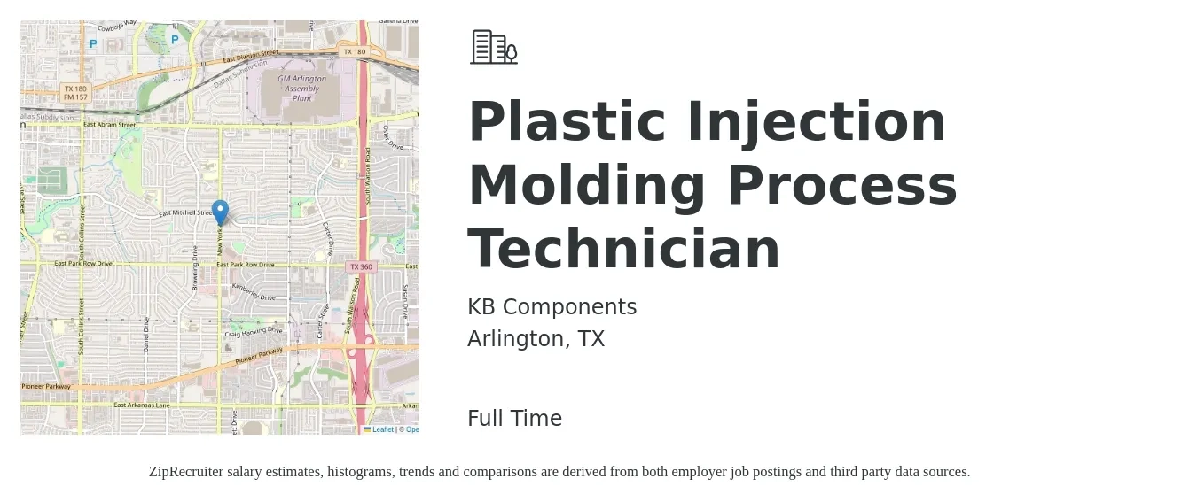 KB Components job posting for a Plastic Injection Molding Process Technician in Arlington, TX with a salary of $25 to $38 Hourly with a map of Arlington location.