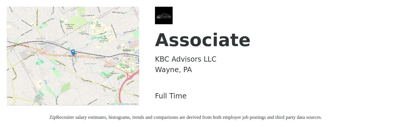 KBC Advisors LLC job posting for a Associate in Wayne, PA with a salary of $79,700 to $153,600 Yearly with a map of Wayne location.
