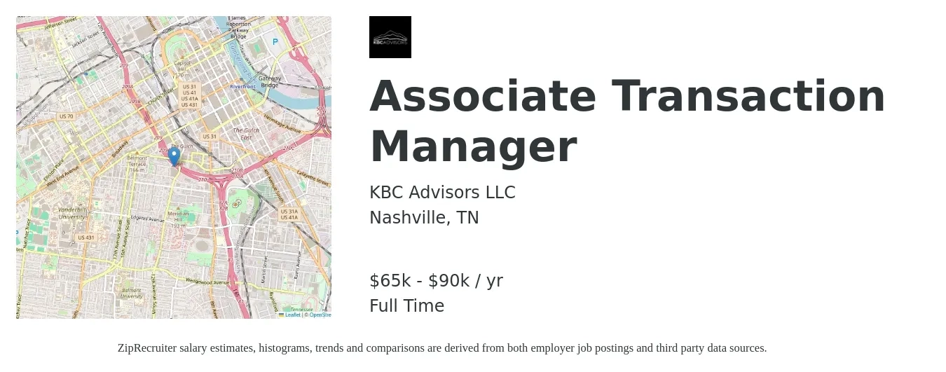 KBC Advisors LLC job posting for a Associate Transaction Manager in Nashville, TN with a salary of $65,000 to $90,000 Yearly with a map of Nashville location.