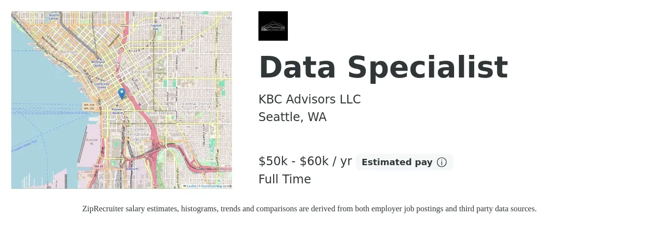 KBC Advisors LLC job posting for a Data Specialist in Seattle, WA with a salary of $50,000 to $60,000 Yearly with a map of Seattle location.
