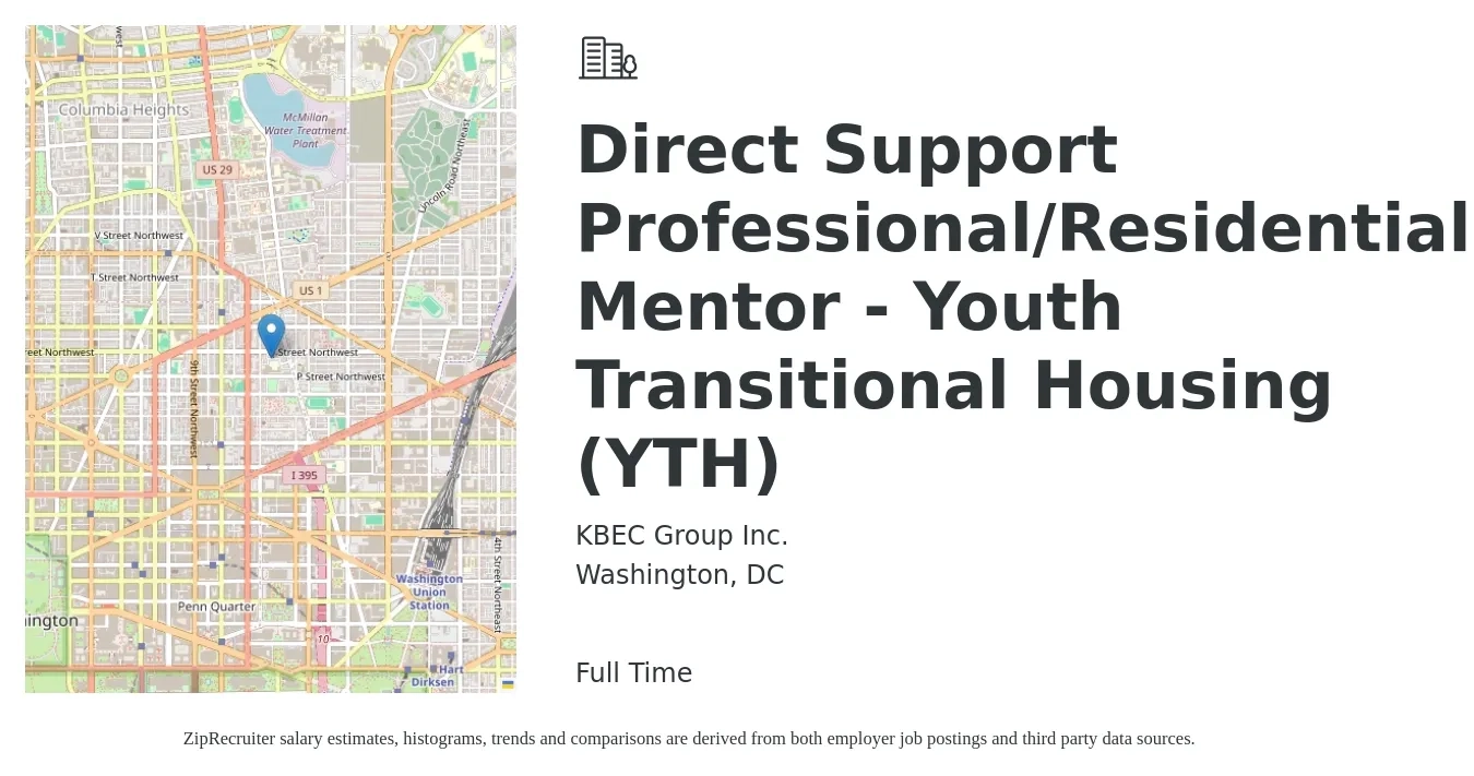 KBEC Group Inc. job posting for a Direct Support Professional/Residential Mentor - Youth Transitional Housing (YTH) in Washington, DC with a salary of $19 to $22 Hourly with a map of Washington location.