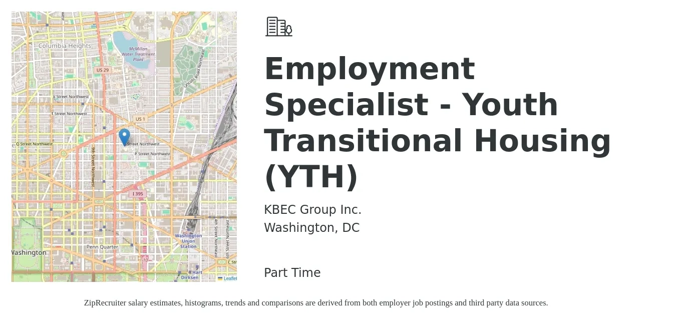 KBEC Group Inc. job posting for a Employment Specialist - Youth Transitional Housing (YTH) in Washington, DC with a salary of $22 to $23 Hourly with a map of Washington location.