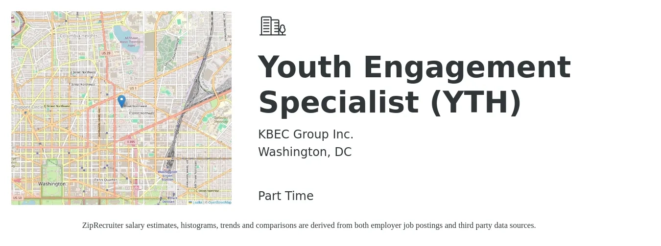 KBEC Group Inc. job posting for a Youth Engagement Specialist (YTH) in Washington, DC with a salary of $20 to $22 Hourly with a map of Washington location.