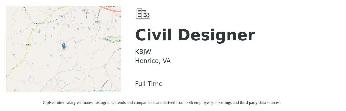 KBJW job posting for a Civil Designer in Henrico, VA with a salary of $50,000 to $65,000 Yearly with a map of Henrico location.