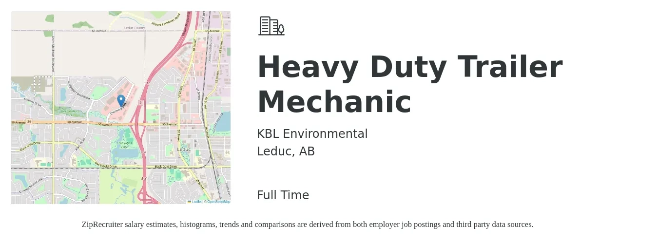 KBL Environmental job posting for a Heavy Duty Trailer Mechanic in Leduc, AB with a map of Leduc location.