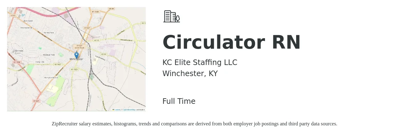 KC Elite Staffing LLC job posting for a Circulator RN in Winchester, KY with a salary of $1,740 to $2,710 Weekly with a map of Winchester location.