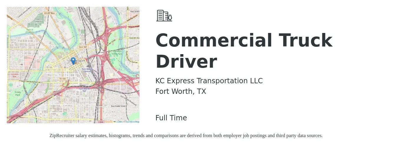 KC Express Transportation LLC job posting for a Commercial Truck Driver in Fort Worth, TX with a salary of $1,400 to $2,000 Weekly (plus commission) with a map of Fort Worth location.