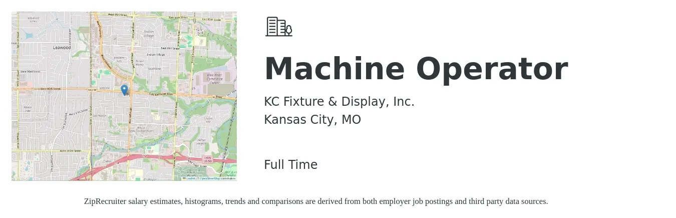 KC Fixture & Display, Inc. job posting for a Machine Operator in Kansas City, MO with a salary of $16 to $20 Hourly with a map of Kansas City location.