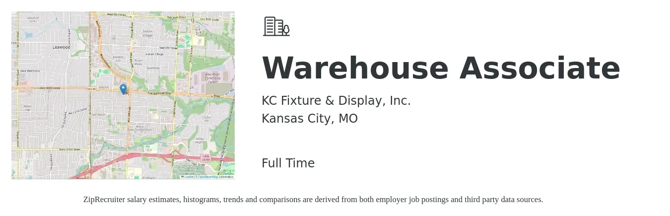 KC Fixture & Display, Inc. job posting for a Warehouse Associate in Kansas City, MO with a salary of $16 to $18 Hourly with a map of Kansas City location.