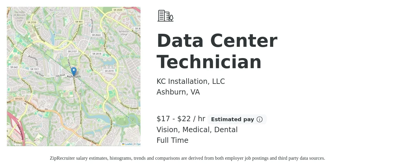 KC Installation, LLC job posting for a Data Center Technician in Ashburn, VA with a salary of $18 to $23 Hourly and benefits including vision, dental, and medical with a map of Ashburn location.