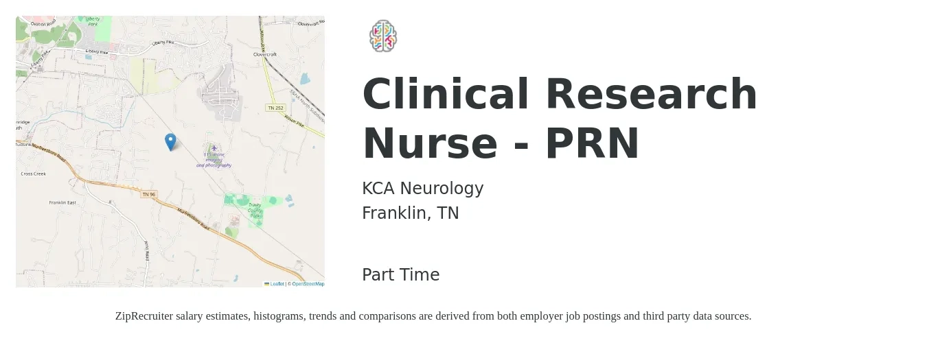 KCA Neurology job posting for a Clinical Research Nurse - PRN in Franklin, TN with a salary of $45 to $55 Hourly with a map of Franklin location.