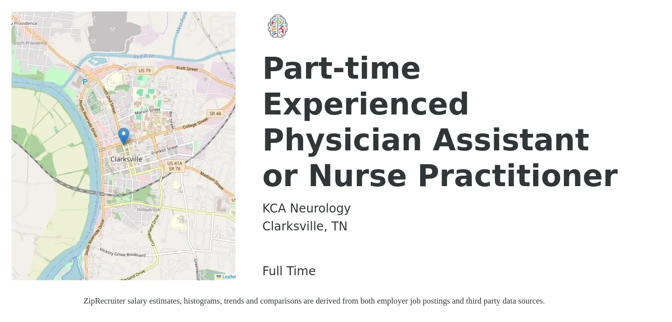 KCA Neurology job posting for a Part-time Experienced Physician Assistant or Nurse Practitioner in Clarksville, TN with a salary of $94,800 to $122,600 Yearly with a map of Clarksville location.
