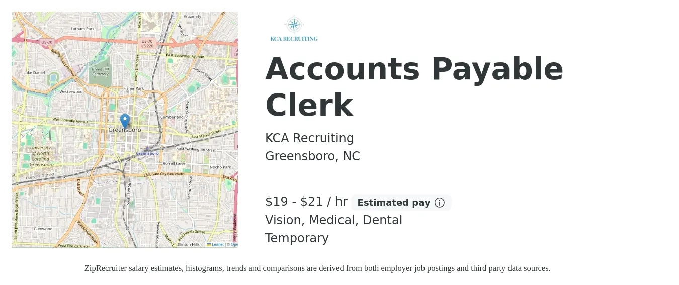 KCA Recruiting job posting for a Accounts Payable Clerk in Greensboro, NC with a salary of $20 to $22 Hourly and benefits including retirement, vision, dental, life_insurance, and medical with a map of Greensboro location.