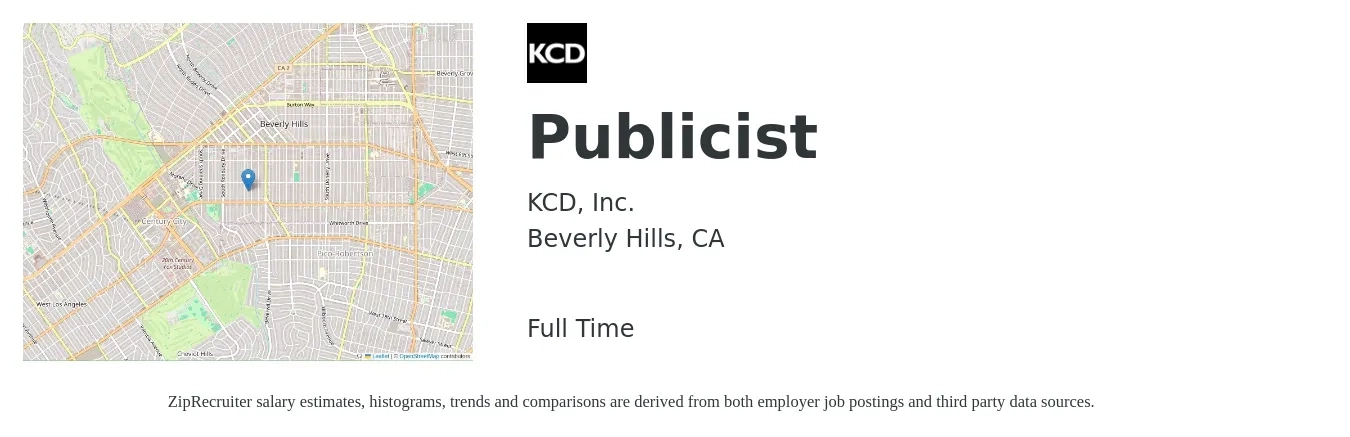 KCD, Inc. job posting for a Publicist in Beverly Hills, CA with a salary of $59,600 to $85,900 Yearly with a map of Beverly Hills location.