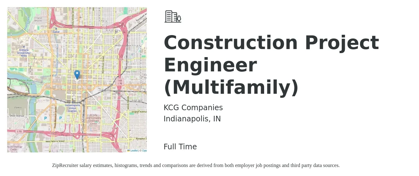 KCG Companies job posting for a Construction Project Engineer (Multifamily) in Indianapolis, IN with a salary of $50,000 to $75,000 Yearly with a map of Indianapolis location.