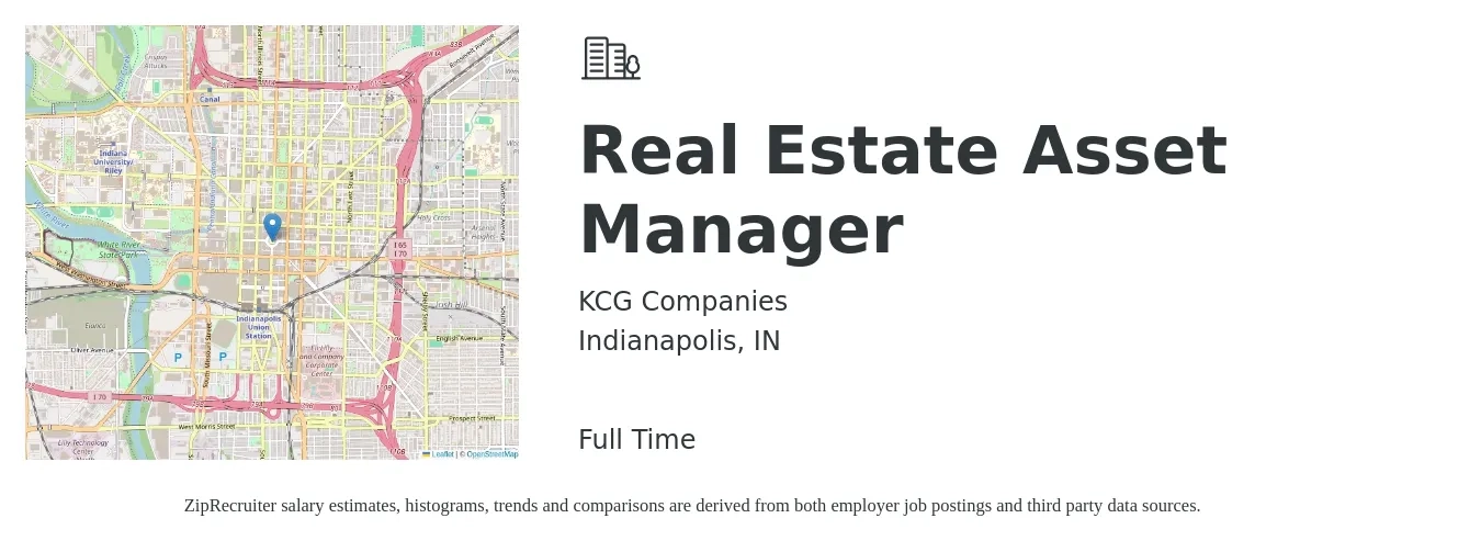 KCG Companies job posting for a Real Estate Asset Manager in Indianapolis, IN with a salary of $100,000 to $120,000 Yearly with a map of Indianapolis location.