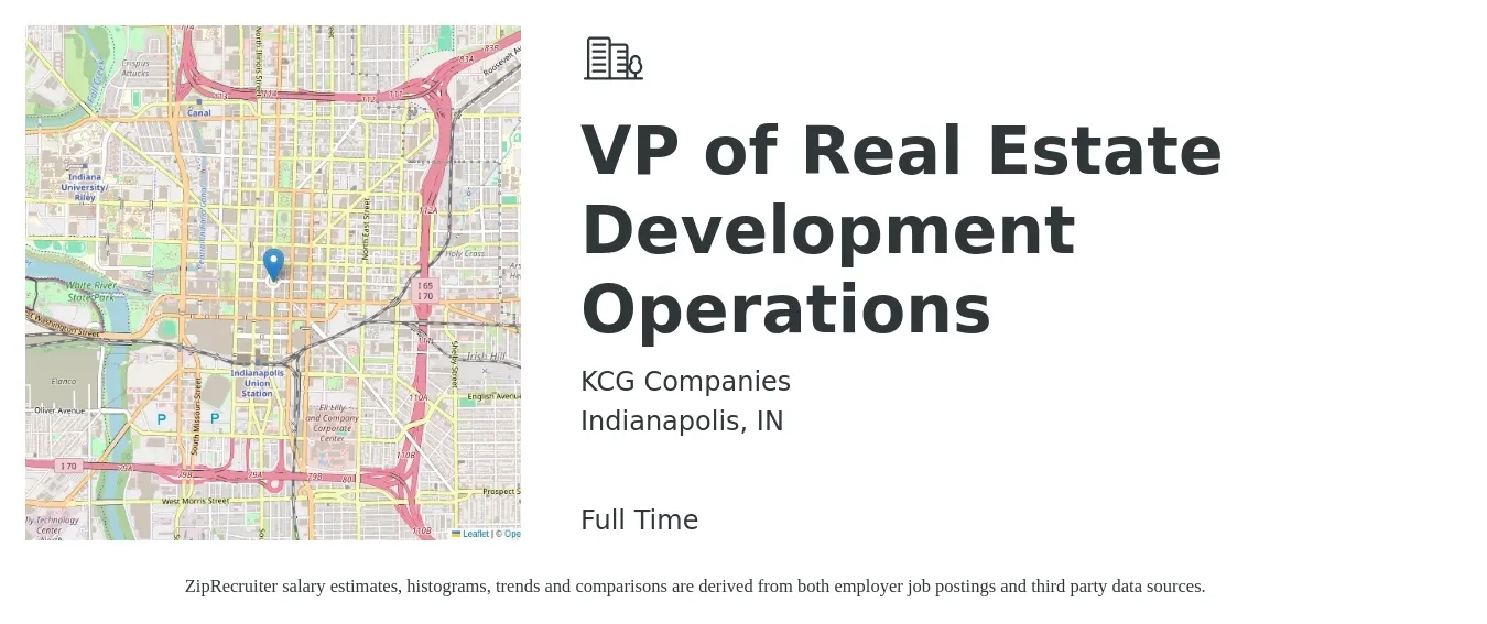 KCG Companies job posting for a VP of Real Estate Development Operations in Indianapolis, IN with a salary of $113,700 to $184,500 Yearly with a map of Indianapolis location.