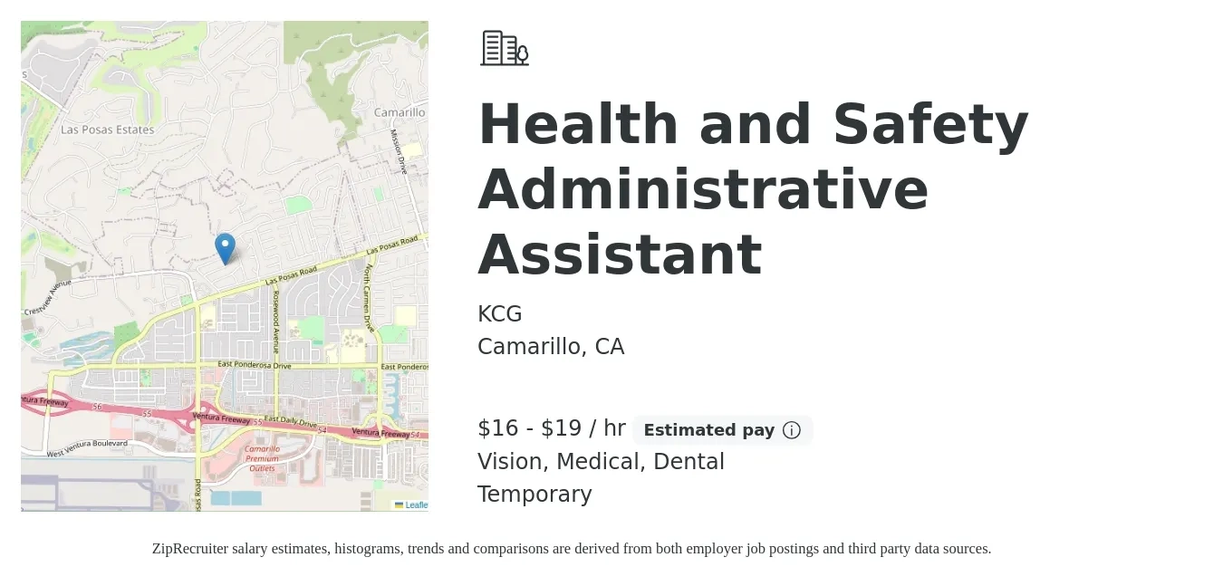KCG job posting for a Health and Safety Administrative Assistant in Camarillo, CA with a salary of $17 to $20 Hourly and benefits including life_insurance, medical, pto, retirement, vision, and dental with a map of Camarillo location.