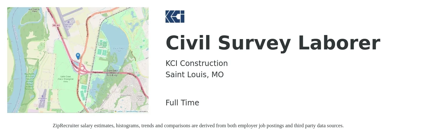 KCI Construction job posting for a Civil Survey Laborer in Saint Louis, MO with a salary of $18 to $29 Hourly with a map of Saint Louis location.