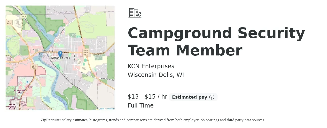 KCN Enterprises job posting for a Campground Security Team Member in Wisconsin Dells, WI with a salary of $14 to $16 Hourly with a map of Wisconsin Dells location.