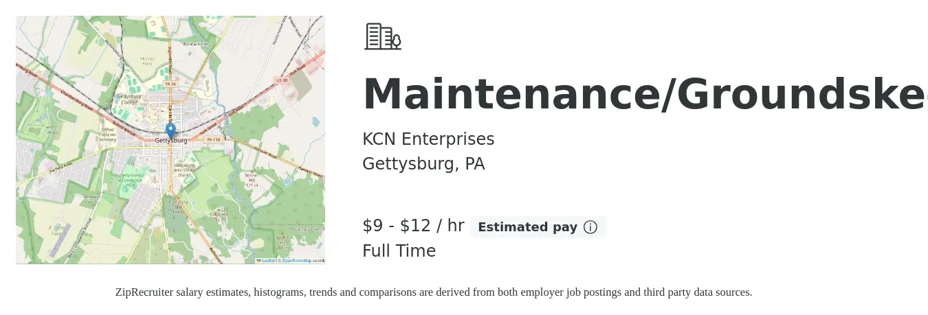 KCN Enterprises job posting for a Maintenance/Groundskeeper in Gettysburg, PA with a salary of $10 to $13 Hourly with a map of Gettysburg location.