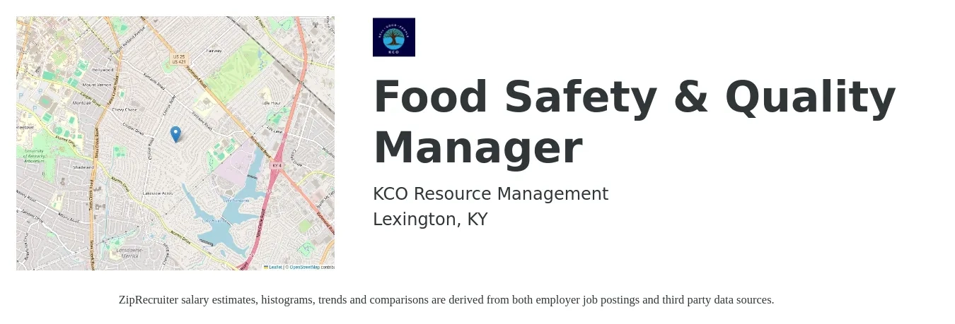 KCO Resource Management job posting for a Food Safety & Quality Manager in Lexington, KY with a salary of $38,400 to $118,800 Yearly with a map of Lexington location.