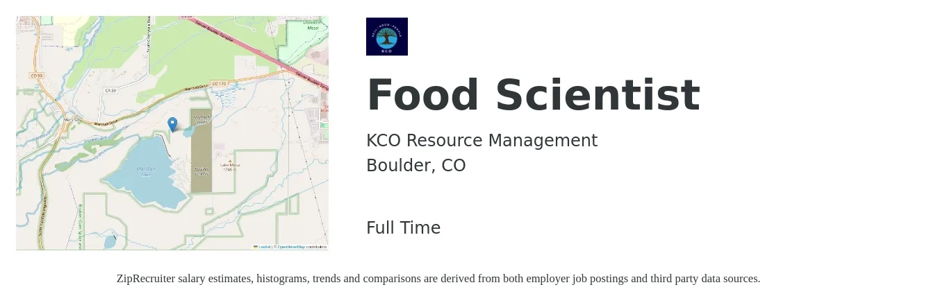KCO Resource Management job posting for a Food Scientist in Boulder, CO with a salary of $70,500 to $103,700 Yearly with a map of Boulder location.