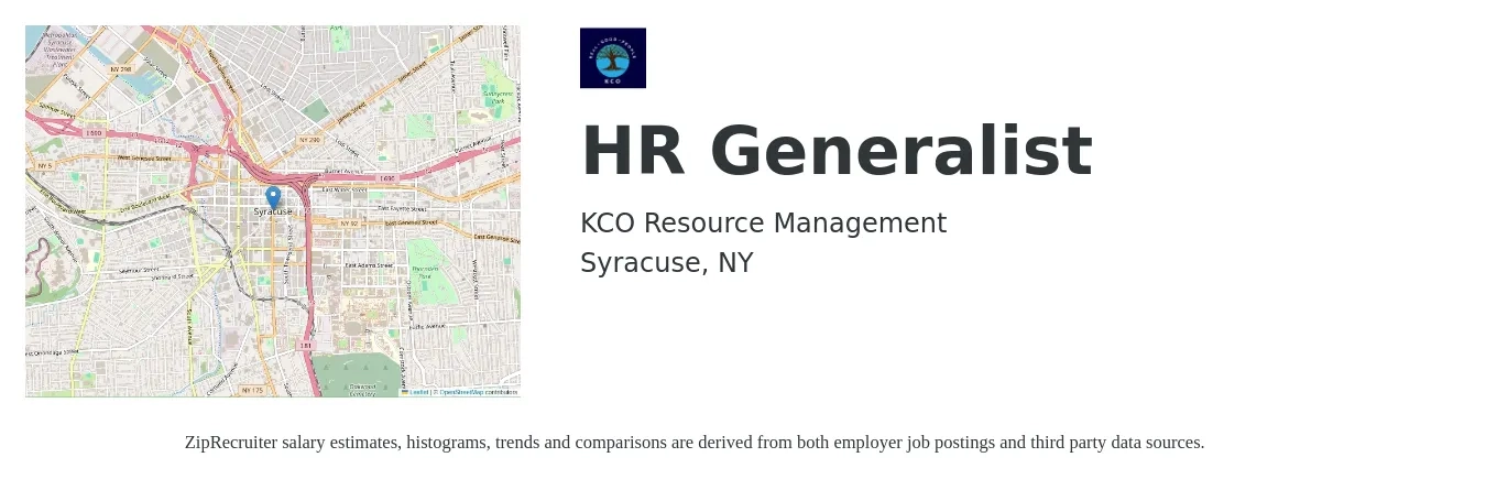 KCO Resource Management job posting for a HR Generalist in Syracuse, NY with a salary of $51,400 to $73,100 Yearly with a map of Syracuse location.