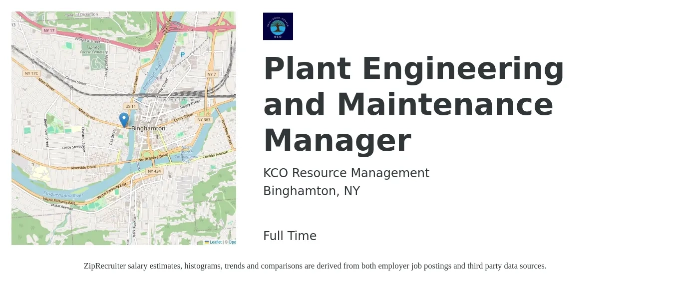 KCO Resource Management, LLC job posting for a Plant Engineering and Maintenance Manager in Binghamton, NY with a salary of $71,800 to $122,100 Yearly with a map of Binghamton location.