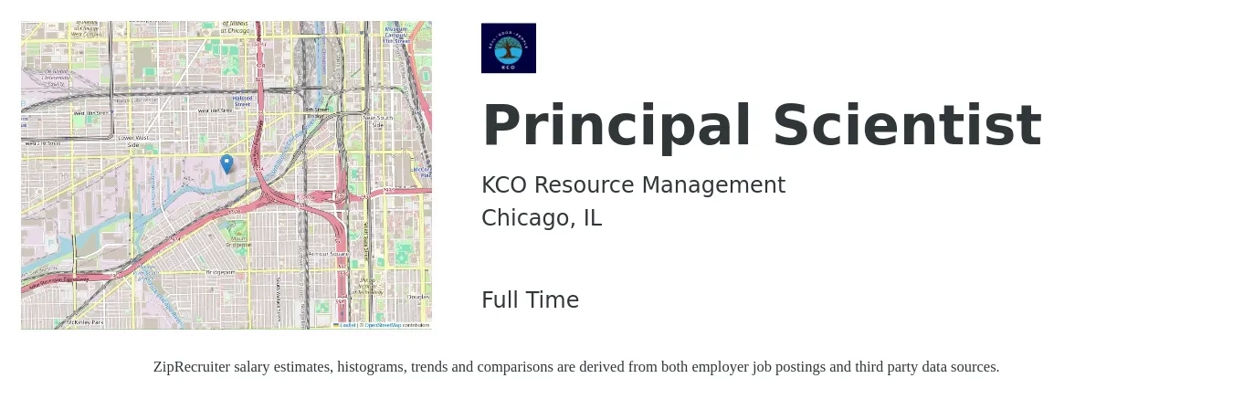 KCO Resource Management job posting for a Principal Scientist in Chicago, IL with a salary of $121,000 to $174,100 Yearly with a map of Chicago location.