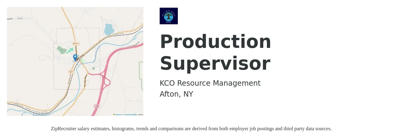 KCO Resource Management job posting for a Production Supervisor in Afton, NY with a salary of $52,900 to $76,100 Yearly with a map of Afton location.