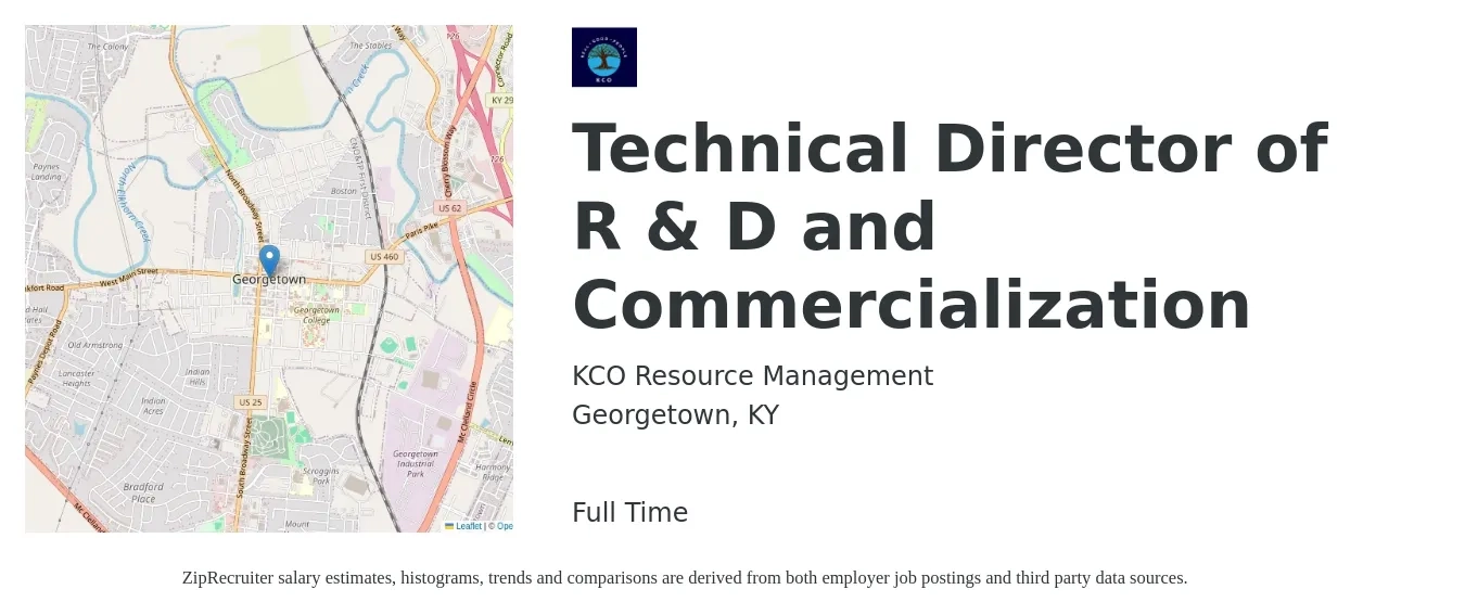 KCO Resource Management job posting for a Technical Director of R & D and Commercialization in Georgetown, KY with a salary of $61,400 to $139,500 Yearly with a map of Georgetown location.